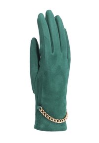 Guanto verde in suede con un accento in catena al polso, progettato con dita allungate e una texture liscia e morbida.