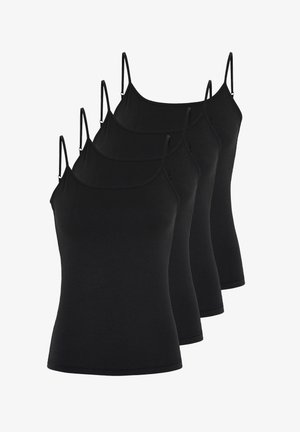 Four black cotton camisoles with thin adjustable straps, fitted design, and smooth texture, displayed in a stacked arrangement.