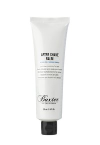 Witte tube van aftershavebalsem met een zwarte dop, gelabeld "Baxter of California," 120 mL. Tekst bevat "alcoholvrij, kalmerende formule."