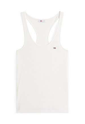 Witte geribde tanktop met een brede racerback ontwerp, voorzien van een klein logo in rood, wit en blauw op de linkerborst.
