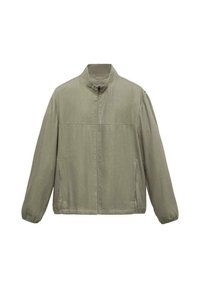 Lichtgroene zip-up jas met een staande kraag, elastische manchetten, twee voorzakken en een gladde textuur. Eenvoudig, minimalistisch ontwerp.