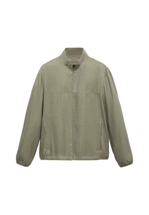 Light green zip-up jacket with a stand-up collar, elastic cuffs, two front pockets, and a smooth texture. Simple, minimalist design.