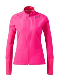 Veste de sport rose vif avec un col haut, fermeture éclair intégrale et manches longues. Fabriquée en matériau lisse et léger avec des accents texturés sur les manches.