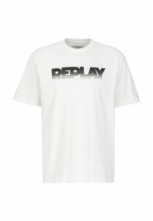 White t-shirt featuring bold black "REPLAY" text across the front, with a modern design and relaxed fit. Suitable for casual wear.