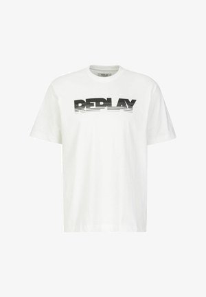 Weißes T-Shirt mit kräftigem schwarzen "REPLAY"-Schriftzug auf der Vorderseite, modernem Design und lockerer Passform. Geeignet für lässige Anlässe.