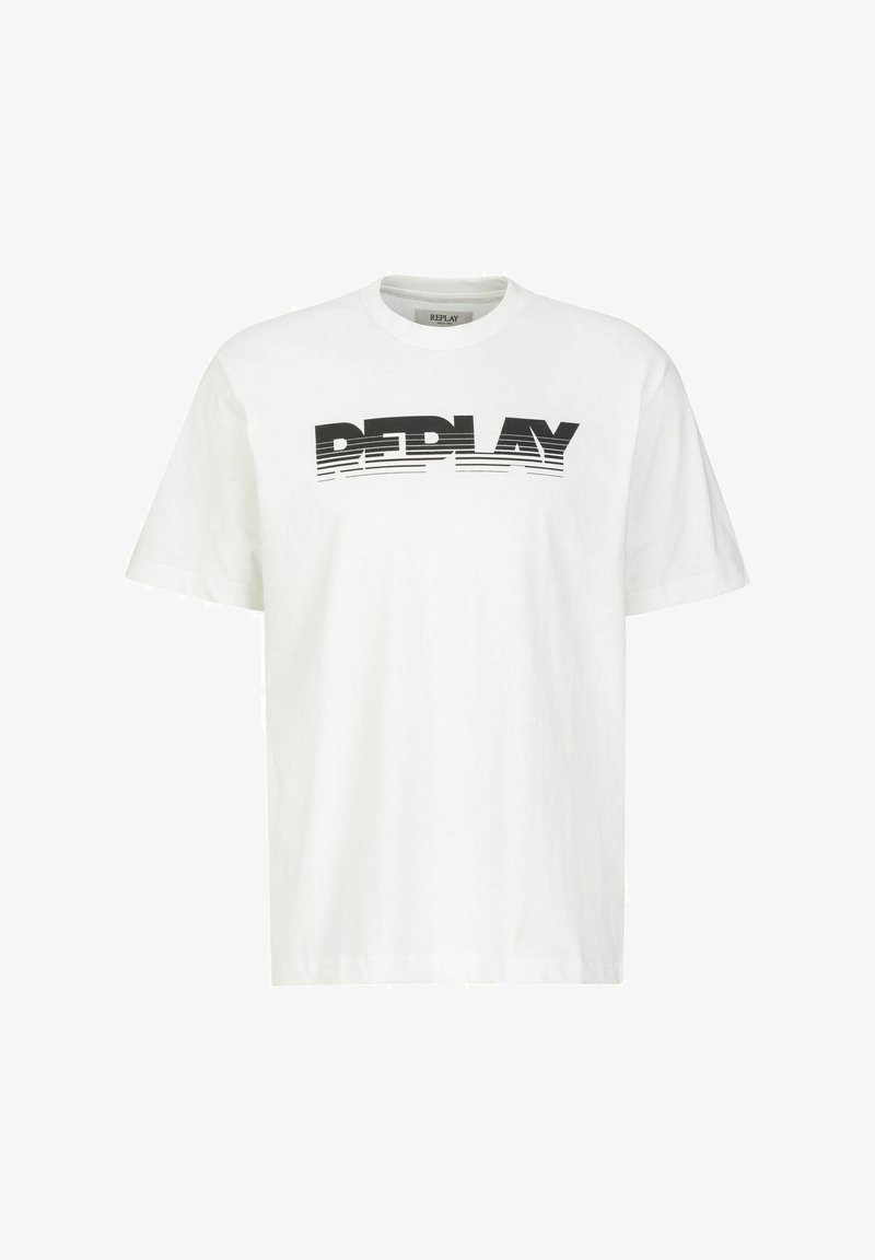 Weißes T-Shirt mit kräftigem schwarzen "REPLAY"-Schriftzug auf der Vorderseite, modernem Design und lockerer Passform. Geeignet für lässige Anlässe.