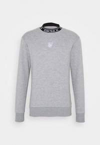 Grå sweatshirt med långa ärmar, ribbad mudd och svart krage med "SIKSILK" i vitt. Litet vitt logotyp på bröstet.