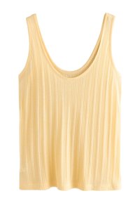 Gul ribbet tanktop med rund halsudskæring og brede stropper, der har en blød tekstur og lige kant. Letvægts og tætsiddende design.