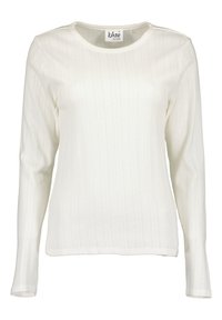 Weißes Langarmhemd aus weichem, strukturiertem Stoff mit einem gerippten Muster und rundem Ausschnitt. Keine sichtbaren Beschläge oder Akzente.