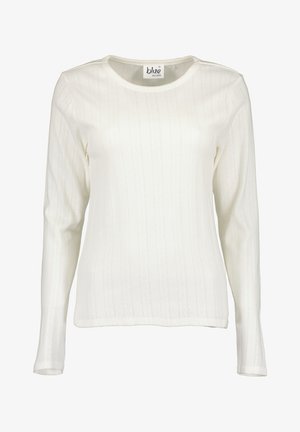 Weißes Langarmhemd aus weichem, strukturiertem Stoff mit einem gerippten Muster und rundem Ausschnitt. Keine sichtbaren Beschläge oder Akzente.