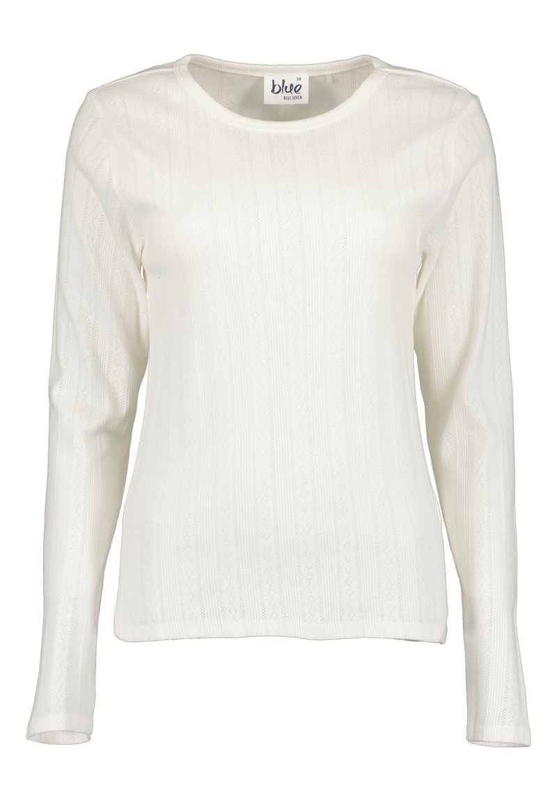 Weißes Langarmhemd aus weichem, strukturiertem Stoff mit einem gerippten Muster und rundem Ausschnitt. Keine sichtbaren Beschläge oder Akzente.