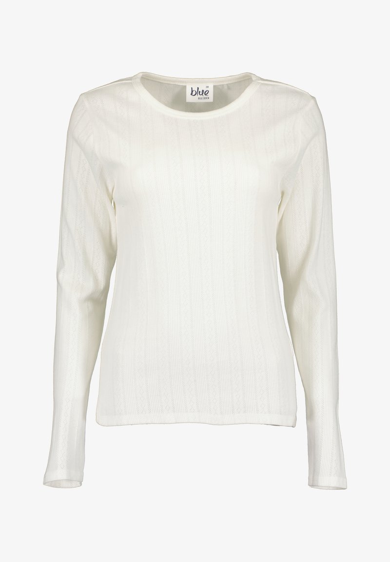 Weißes Langarmhemd aus weichem, strukturiertem Stoff mit einem gerippten Muster und rundem Ausschnitt. Keine sichtbaren Beschläge oder Akzente.