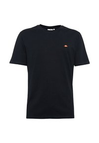 T-shirt in cotone nero con collo rotondo, maniche corte e un piccolo logo multicolore a sinistra sul petto. Tessuto liscio, vestibilità standard.