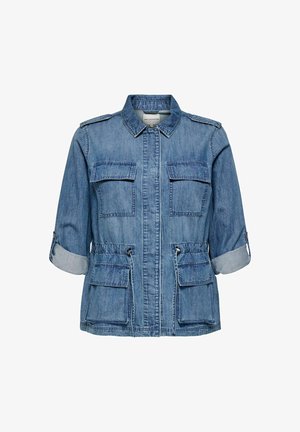 Jeansjacka med krage, korta ärmar, fyra framfickor, justerbar dragsko i midjan och uppvikta muddar. Ljusblå färg, strukturerat tyg.