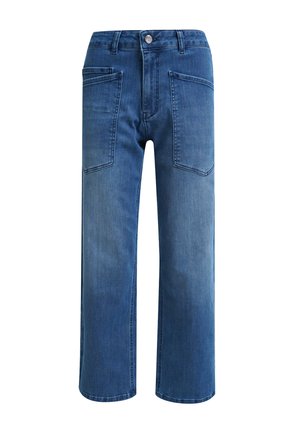 Blaue Denim-Jeans mit weitem Bein und großen aufgesetzten Fronttaschen, mit Knopf- und Reißverschluss am Bund.