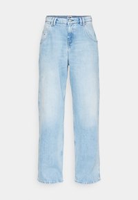 Ljust blå högmidjade jeans i denim med lös passform, raka ben, fem fickor och synlig sömnad längs kanterna.