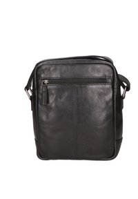 Borsa a tracolla in pelle nera con tasca anteriore con zip, forma rettangolare, texture liscia e tracolla regolabile. Design semplice e funzionale.