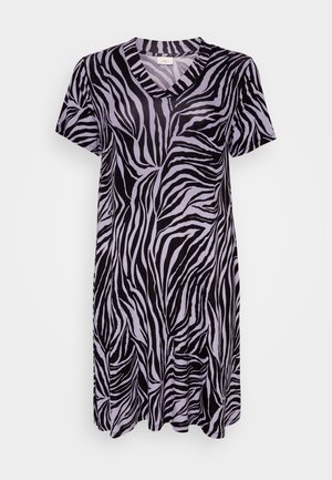 Robe à manches courtes en imprimé zèbre noir et violet clair, dotée d'un décolleté en V et d'une silhouette fluide avec un tissu doux et lisse.