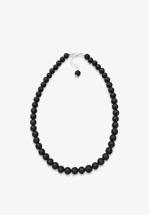 Sort lavastenperle-halskæde med runde perler, en glat overflade og en sølvjusterbar lås med en vedhæng.
