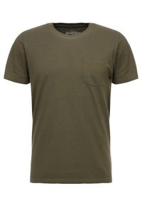 Olivově zelené tričko s krátkým rukávem a kulatým výstřihem, s malou náprsní kapsou na levé straně.