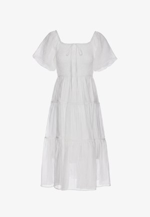 Weißes Midikleid mit gepufften kurzen Ärmeln, eckigem Ausschnitt, gerafftem Oberteil, Bindedetail und mehrstufigem, fließendem Rock.