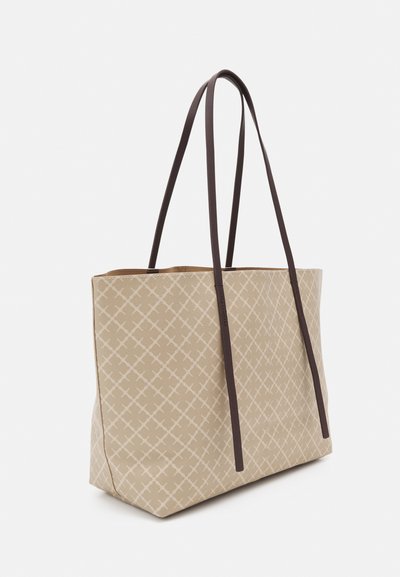 Beige tote bag with a diamond pattern, brown leather handles, and a spacious design. Flat, soft texture with subtle stitching accents.