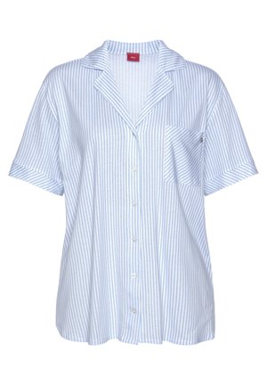 Short-sleeve, button-up shirt in light blue and white stripes, featuring a pocket on the left chest and a classic collar design. Soft fabric.