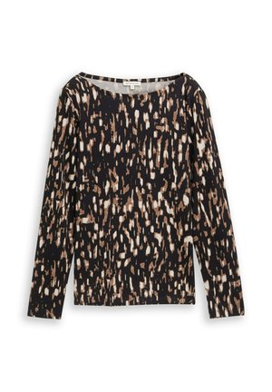 Pikkade varrukatega särk mustast kangast, millel on mitmevärviline abstraktne muster, mis sisaldab pruuni ja kreemi toone. Ümmargune kaelus, lõdva lõikega.