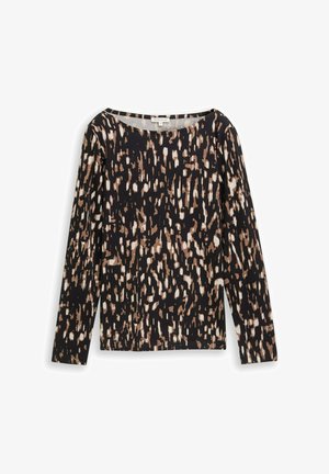 Hosszú ujjú fekete póló, multiszínű absztrakt mintával, barna és krémszín árnyalatokkal. Kerek nyakú, kényelmes fazon.