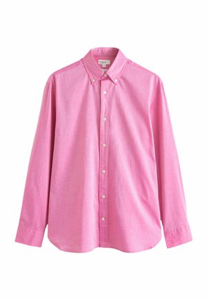 Men's long-sleeve pink button-up shirt with button-down collar and white buttons, displayed on a white background.