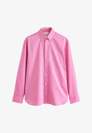 Men's long-sleeve pink button-up shirt with button-down collar and white buttons, displayed on a white background.