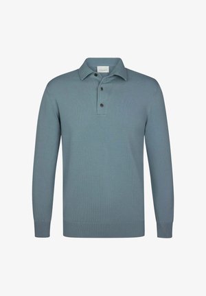 Hellblaues Poloshirt mit langen Ärmeln, umgeschlagenem Kragen und drei schwarzen Knöpfen an der Knopfleiste.