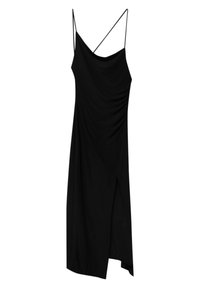 Black sleeveless long dress with thin crossover shoulder straps and a side slit.