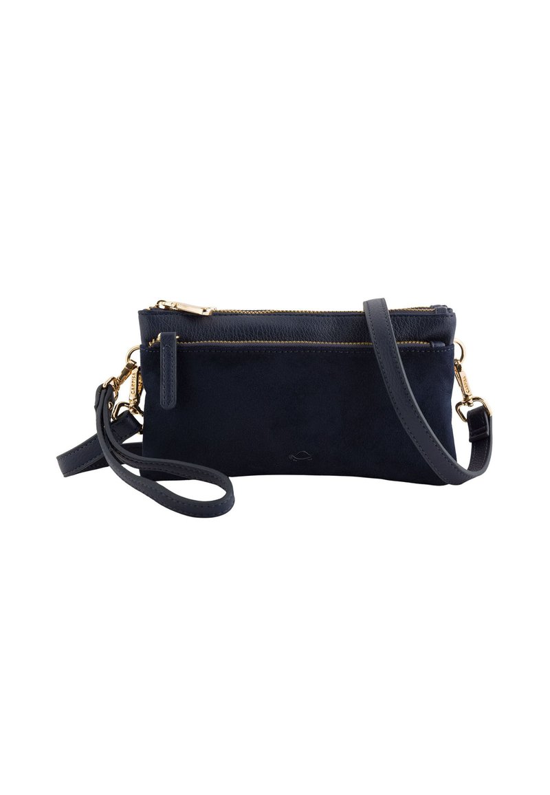 Kompaktní modrá crossbody taška s dvěma zipovými přihrádkami, zlatými doplňky a nastavitelným popruhem na bílém pozadí.