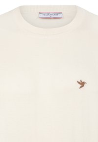 Crème gebreide pullovertrui met een ronde halslijn en een klein bruin vogel logo op de borst. Ribgebreide kraag en manchetten.