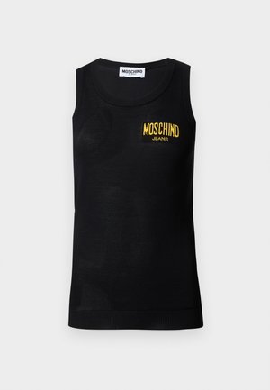 Μαύρο αμάνικο τοπ με ριμπ τελειώματα και κίτρινο λογότυπο "Moschino Jeans" σε μπαλώμα στο αριστερό στήθος.