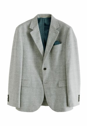 Blazer gri cu carouri, fabricat dintr-un material texturat, având o căptușeală din satin teal, batista de buzunar și închidere cu un singur buton, cu manșete cu trei butoane.