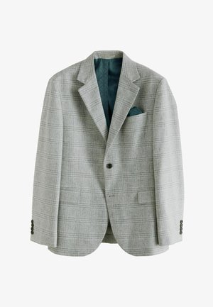 Blazer gri cu carouri, fabricat dintr-un material texturat, având o căptușeală din satin teal, batista de buzunar și închidere cu un singur buton, cu manșete cu trei butoane.