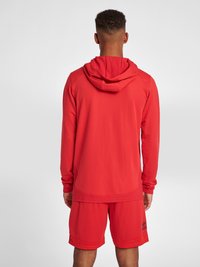 Rode sportieve hoodie met capuchon, lange mouwen en bijpassende rode shorts. Gemaakt van een gladde, lichte stof met een relaxed fit.