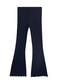 Pantalones acampanados azul marino con una textura suave, cinturilla elástica y un lazo ajustable; el dobladillo acampanado presenta un borde festoneado.