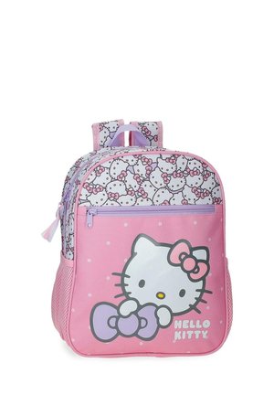 Mochila rosa y morada de Hello Kitty con caras de dibujos animados, bolsillo con cierre frontal y bolsillos laterales de malla.