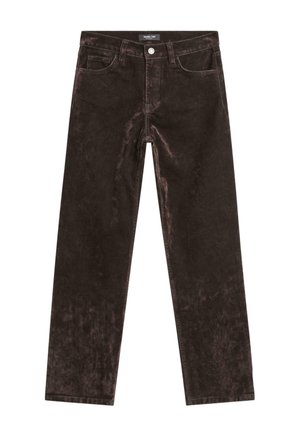 Pantaloni in velluto dritti di colore marrone scuro con tasche frontali e chiusura a bottone, distesi su uno sfondo bianco.