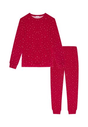 Set de pijama roșu, care include un top cu mânecă lungă și pantaloni cu modele de stele albe, confecționat dintr-un material moale, cu talie elastică și manșete cu dungi.