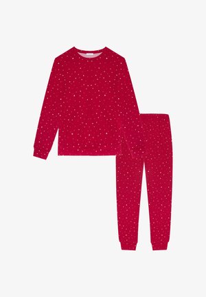 Set de pijama roșu, care include un top cu mânecă lungă și pantaloni cu modele de stele albe, confecționat dintr-un material moale, cu talie elastică și manșete cu dungi.