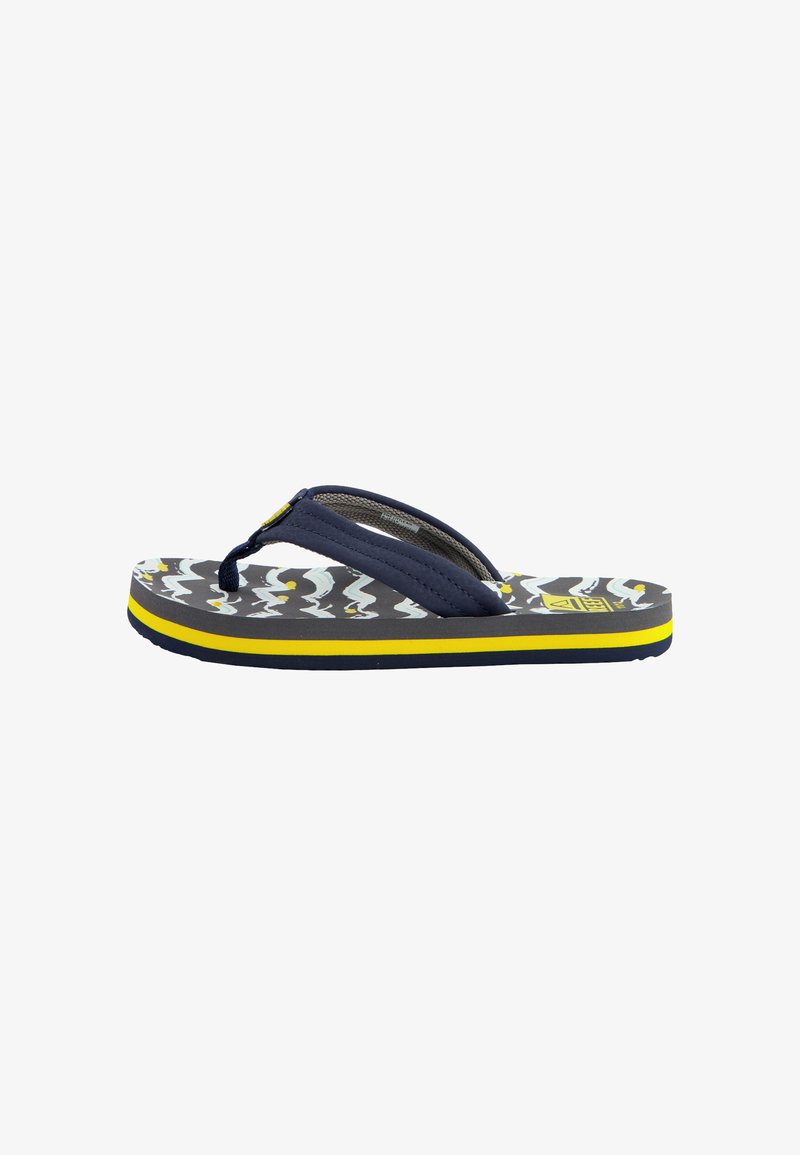 Blauer Flip-Flop mit einem grauen, gemusterten Fußbett, gelben Akzenten und einem strukturierten Riemen. Die Sohle hat eine kontrastierende schwarze Unterseite.