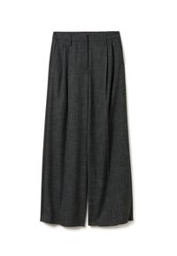 Brede broek in donkergrijze stof met een subtiel patroon, met plooien aan de voorkant en een losse pasvorm voor comfort.