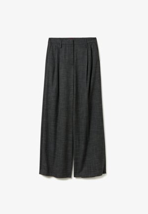 Brede broek in donkergrijze stof met een subtiel patroon, met plooien aan de voorkant en een losse pasvorm voor comfort.