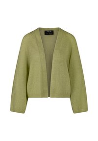 Hellgrüne Strickjacke mit lockerer Passform, weiten Ärmeln und offenem Design. Weiche Textur mit ribbelten Kanten. Keine Verschlüsse.