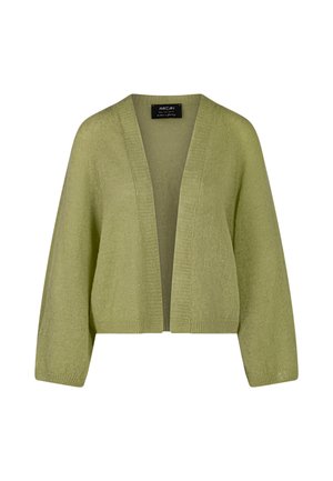 Hellgrüne Strickjacke mit lockerer Passform, weiten Ärmeln und offenem Design. Weiche Textur mit ribbelten Kanten. Keine Verschlüsse.