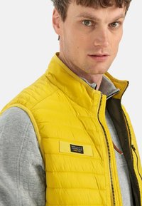Mand iført en gul quilted vest over en grå zip-up trøje, vender let mod højre med et neutralt udtryk.